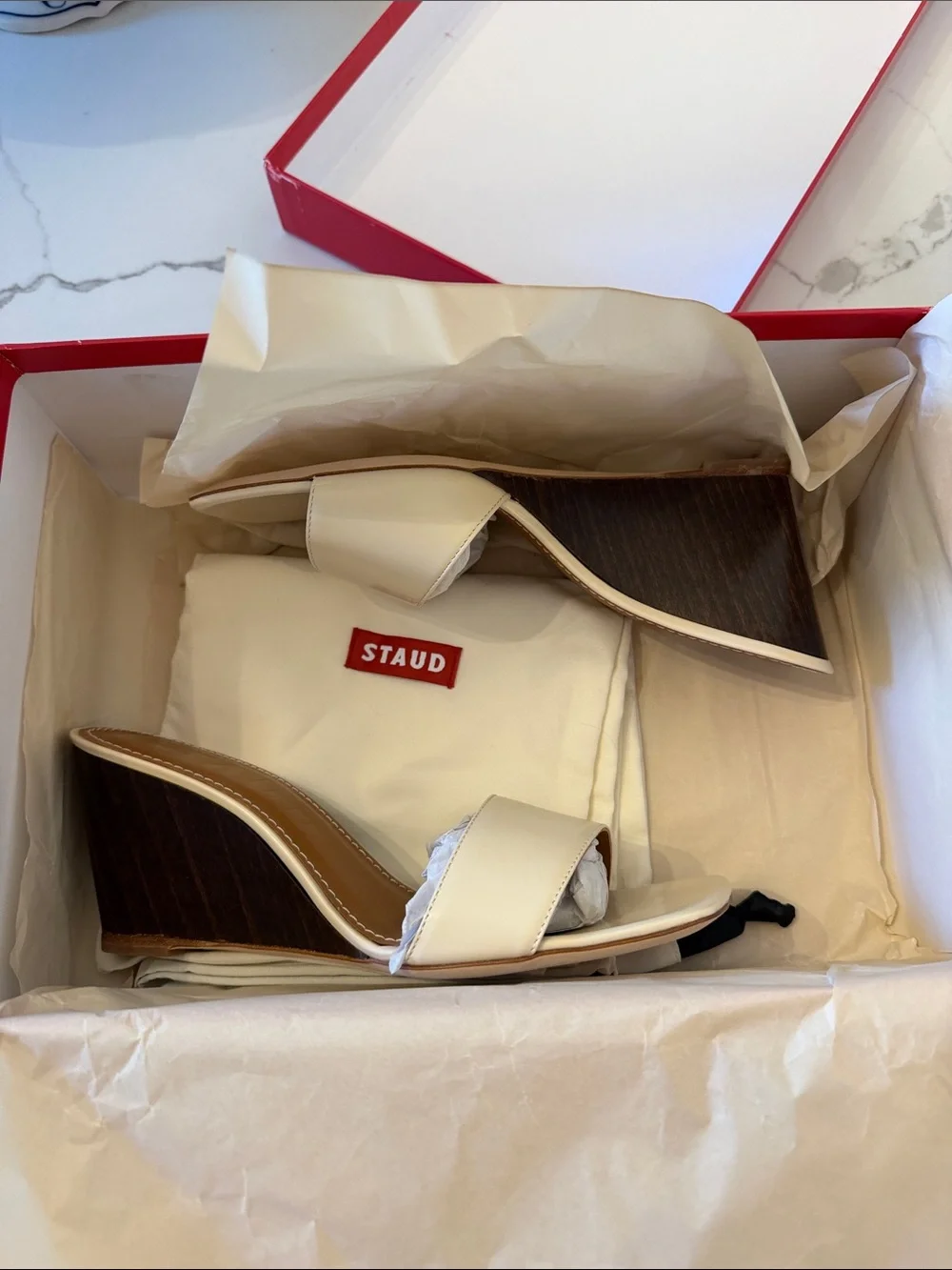 New in box! STAUD Billie Wedge Sandals in Cream and Wood